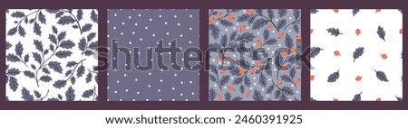Collection of seamless patterns with holly leaves and berries and polka dot. Modern design for cover, fabric, wallpaper, wrapping paper