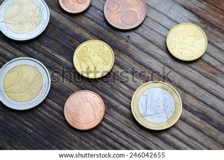 Euro coins on wooden table