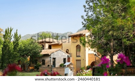 Landscape and background photos of villages in Italy during the daytime and during the summer with some blooming flowers.