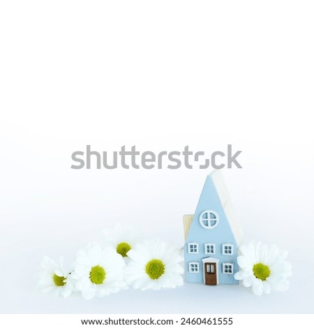 Cute House and daisies or chamomile flowers on white background with space for your text. Beautiful Floral background for Birthday, Mother's day, Spring and Summer Holiday, Easter