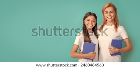 Mother and daughter child banner, copy space, isolated background. mom and teen girl study. private teacher and child holding workbooks. family help.