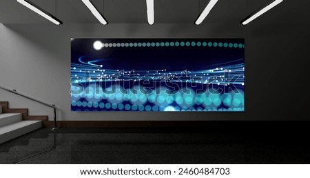 Image of screen with light trails and spots on wall. Global technology, abstract background and digital interface concept digitally generated image.