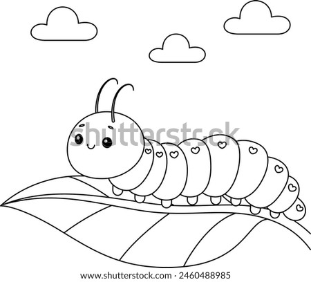 Cute kawaii caterpillar cartoon character coloring page vector illustration. Wild animal, insect colouring page for kids