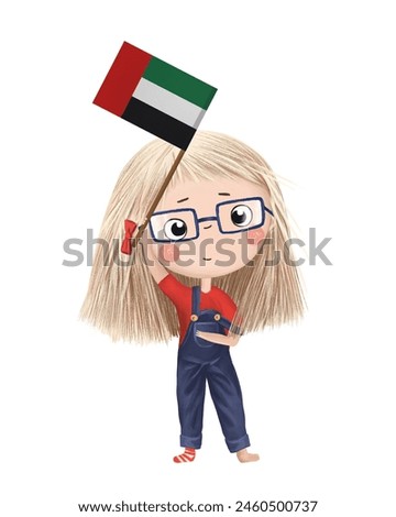 Funny cute girl with flag of United Arab Emirates. Bright clip art isolated