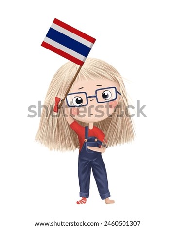Funny cute girl with flag of Thailand. Bright clip art isolated
