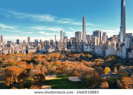 New York City Central Park. Top view with Autumn tree. Autumn Central Park view from drone. Aerial of NY City, panorama in Autumn. Autumn in Central Park. Central Park Fall Colors of foliage.
