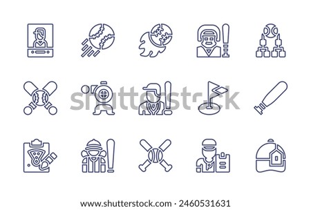 Baseball line icon set. Editable stroke. Vector illustration. Containing baseball, baseballplayer, bats, baseballcap, coach.