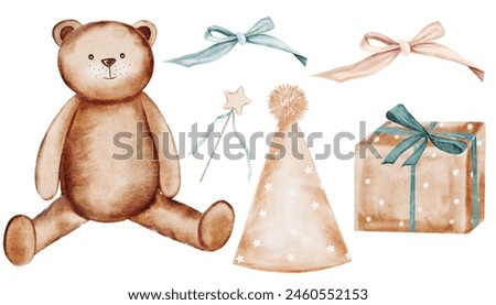 Teddy bear watercolor set. Cute hand drawn drawings of a plush animal with a pink and blue bow, a magic wand, a party hat and a gift box. Clip art on isolated white background. Ideal for baby shower