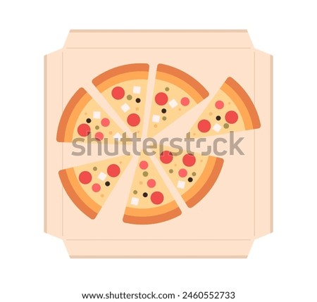 Pizza slices, fast food menu, pizza in cardboard box, italian hot fast food and slice with melting cheese, triangle cut piece, pepperoni pieces flat vector illustration isolated on white background.