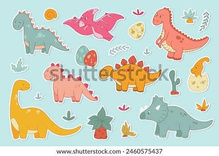 Dinosaurs stickers, clip art, cartoon elements for nursery decor, apparel prints, stationary, cards, posters, baby shower invitations, etc. EPS 10