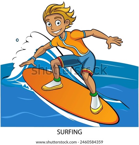 Surfing athlete isolated on white background in cartoon style. Summer Games 2024. Vector illustration.