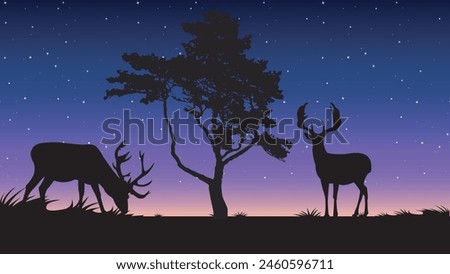 Starry night realistic. Lonely tree, bench silhouettes and stars in evening sky. Starlight night landscape.