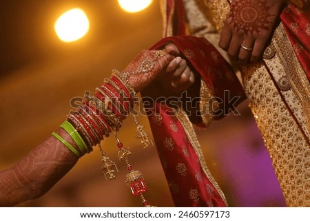 beautiful indian hindu bride and groom, hand in hand