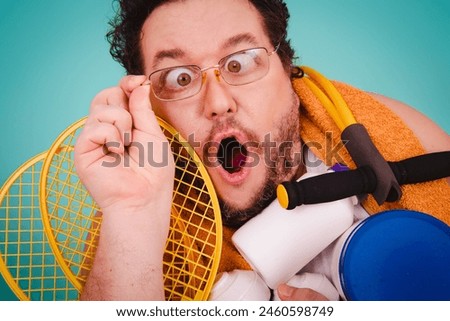 Funny fat man and sporty lifestyle. Fitness bad habits. Blue background.