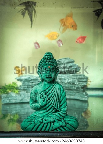 Buddha statue images on fish tank  and colorful fish background