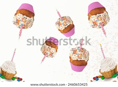a colorful background pattern filled with various dessert items such as birthday cakes, cupcakes, and other baked goods. 