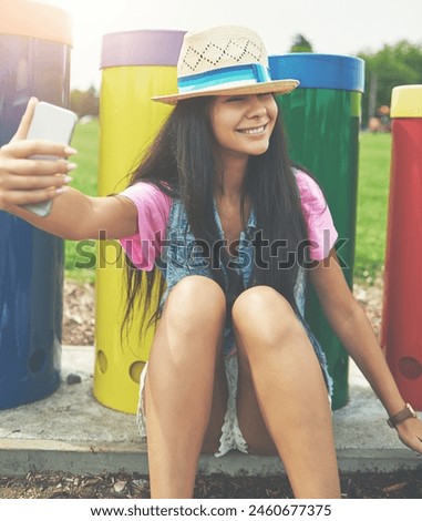 Smile, girl and selfie in park outdoor for profile picture on social media or memory of summer vacation in California. Woman, sunshine and holiday with photography or live blog for content creation.