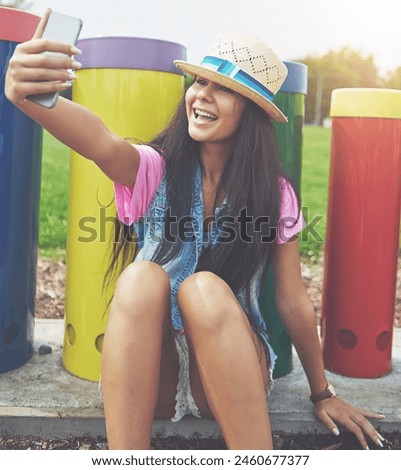 Happy, girl and selfie in park outdoor for profile picture on social media or memory of summer vacation in California. Woman, sunshine and holiday with photography or live blog for content creation.