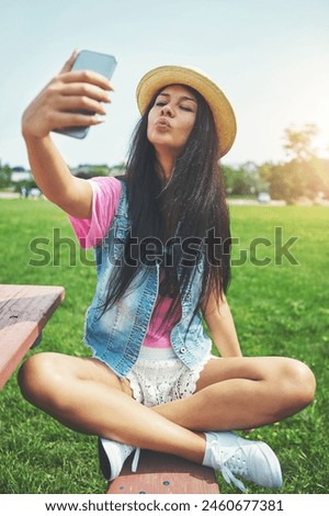 Smile, girl and selfie on bench in park for profile picture on social media or memory of summer vacation in California. Woman, pout and holiday with photography or live blog for content creation.