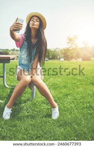 Bench, girl and selfie with attitude in park for profile picture on social media or memory of summer vacation in California. Woman, pout and outdoor with photography or live blog for content creation