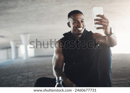 African man, selfie and workout in city on break with smile, training or exercise for vlog on social media. Person, runner and influencer with profile picture, photography or live stream in New York