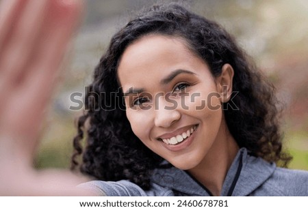 Fitness, happy woman or portrait for outdoor selfie for social media, post update or profile picture with smile. Hiking exercise, girl or photography for memory, training or walking in nature or park
