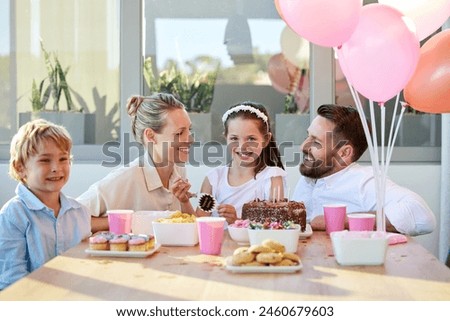 Portrait, birthday cake and happy kids with family for celebration, event and bonding together in home. Party, mother and father with children with dessert, food and balloons for love of parents