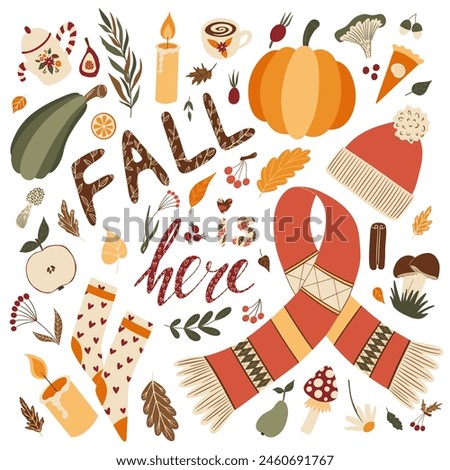 fall is here autumn essentials bundle set with orange scarf, pumpkin, hat, gourd, fall leaves, flowers, warm socks, apple, berries, candles, mushrooms, squash, pumpkin pie, kettle, coffee cup clip art