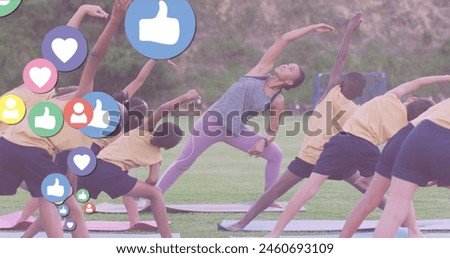 Image of media icons over diverse children with coach practicing yoga. social media and communication interface concept digitally generated image.