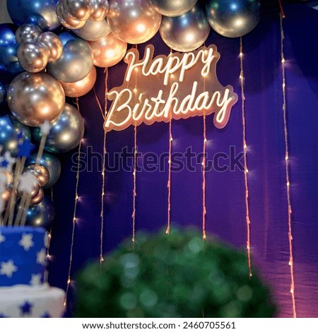 happy birthday, neon lights, blue background, metallic balloons