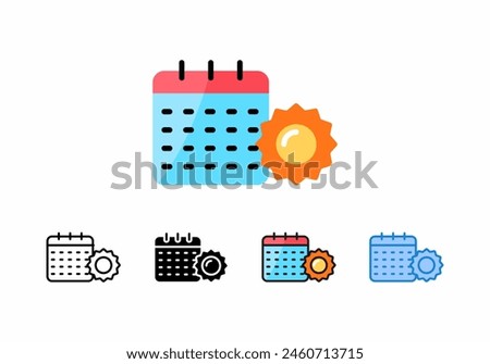 
illustration of solar calendar design, summer calendar, icons with 5 different styles. Line, flat, glyph, and outline filled versions of colorful, outline, and blue vector signs are filled. Symbol, v