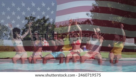 Image of american flag over diverse friends at pool party. international youth day and celebration concept digitally generated image.