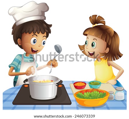 Illustration of two children cooking
