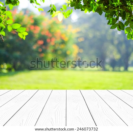 Empty perspective white wood over blurred trees with bokeh background, for product display montage Royalty-Free Stock Photo #246073732