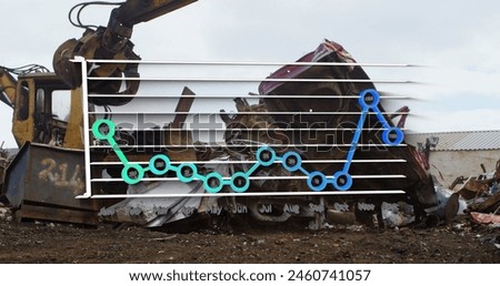Image of financial graphs over car junkyard. Trash, waste, recycling, finance and economy concept digitally generated image.
