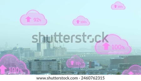 Image of clouds icons over cityscape. Global business and digital interface concept digitally generated image.