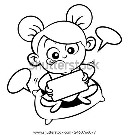 Cute Little Girl cartoon characters playing mobile games with her tablet phone. Best for outline, logo, and coloring book with technology themes
