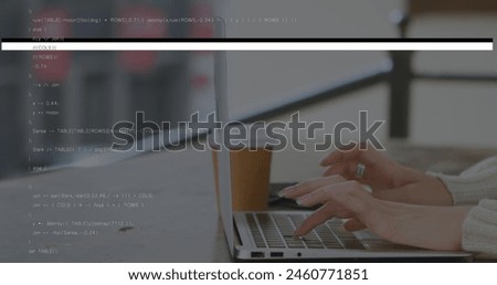 Image of data processing over hands using laptop. Global business and digital interface concept digitally generated image.