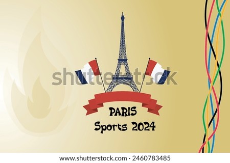 Paris 2024 sport games concept. Sticker, clip art, design element with Eiffel tower silhouette. Vector illustration isolated on Gold, 2024 Summer Games Paris France. July 26 2024. Eiffel Tower