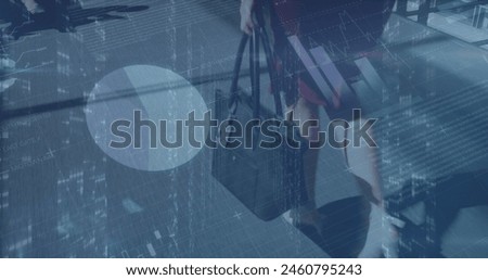 Image of data processing over caucasian businesswoman walking. Global business and digital interface concept digitally generated image.