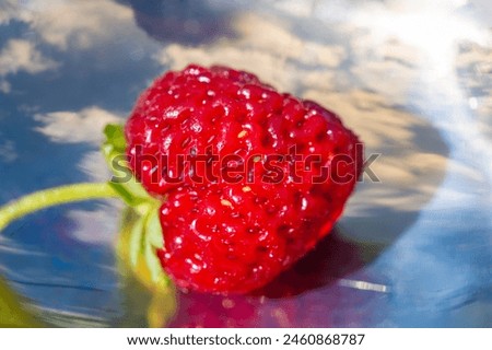 Photo of a strawberry with a dreamy and ethereal hue Contrast between the bright red of the strawberry and the softness of the clouds Captures the beauty and tenderness of nature's bounty