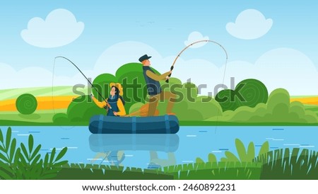 Fisherman family sail on inflatable boat along pond in summer landscape, man and woman catch fish with fishing rods. River or lake cute scene with leisure of anglers cartoon vector illustration
