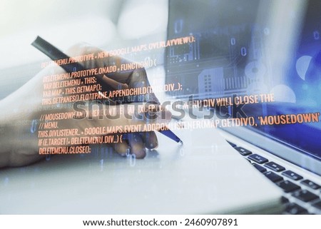 Double exposure of abstract creative programming illustration and hand writing in notepad on background with laptop, big data and blockchain concept