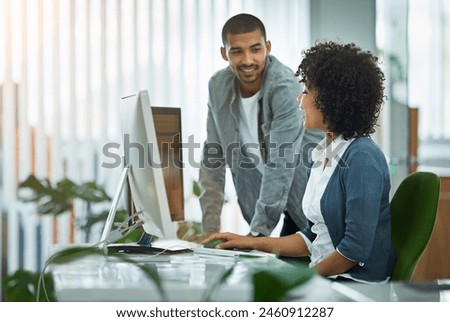 Business people, coaching and man with woman, computer and advice with internet, connection and publish. Progress, employees and editor with pc, solution and planning with journalist and copywriting