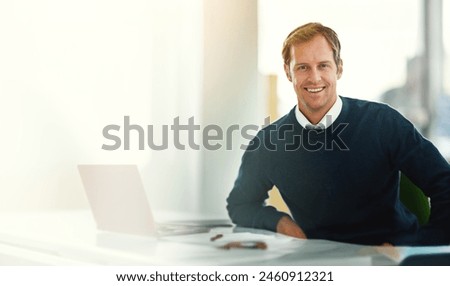 Portrait, business and man with laptop, smile and insurance consultant with internet in modern office. Face, person or employee with computer, compliance officer or risk management with claim analyst Royalty-Free Stock Photo #2460912321