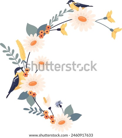 Rounded Flower Frame With Bird Vector Illustration