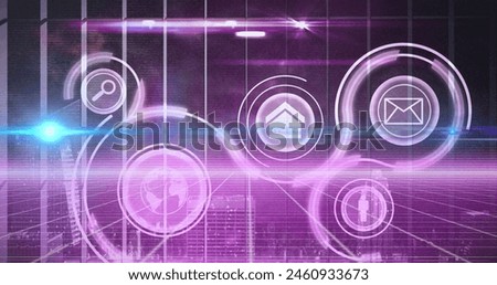 Image of light and icons over digital screen with diverse data. Digital interface, data processing and technology concept digitally generated image.