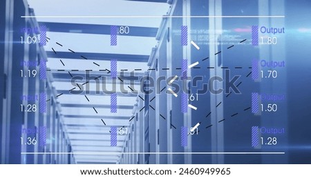 Image of numbers and data processing over computer servers. Global networks, computing, data processing and digital interface concept digitally generated image.