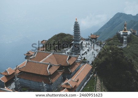 Beautiful view from Fansipan mountain with a Buddhistic temple. Sa Pa, Lao Cai Province, Vietnam. Travel and landscape concept.