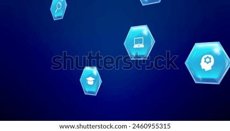 Image of education and learning blue hexagon icons on blue background. Global learning, education and digital interface concept digitally generated image.